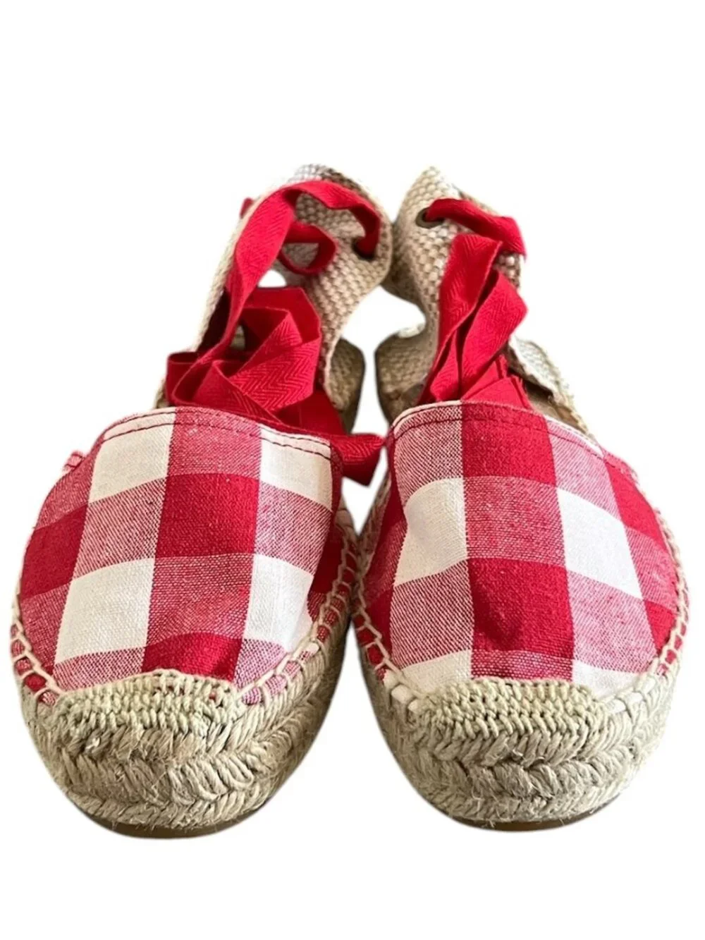Soludos Red & White Gingham Lace Ankle Espadrilles Size 11